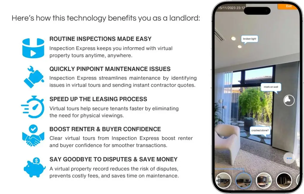Inspection Express 360AI virtual property inspection technology showing maintenance issue identification and digital property reporting for landlords.