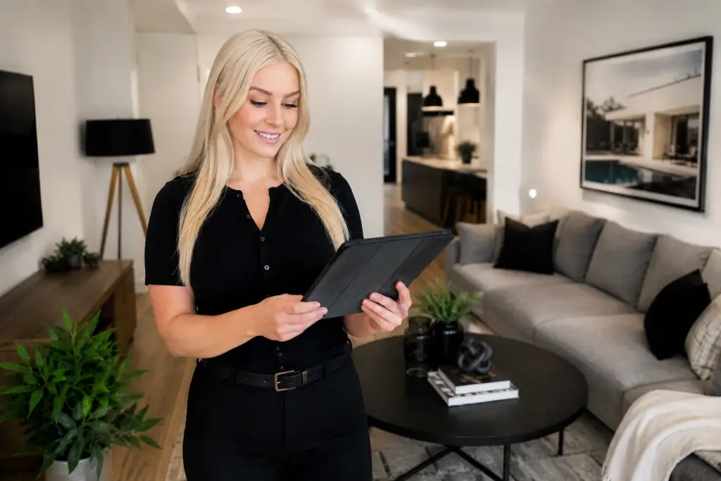 Property manager conducting a routine rental property inspection using a tablet